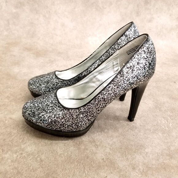 Rampage Womens Tangela Size 8.5 Black Silver Slip On Glittery Heels Platform Pu - Picture 7 of 12